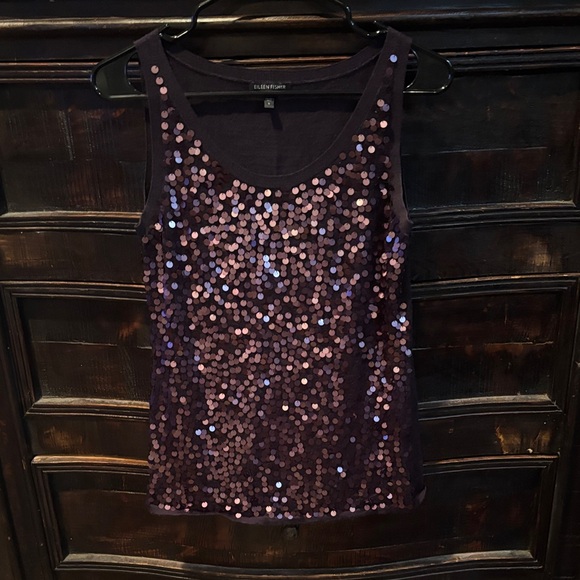 Eileen Fisher Merino Wool Purple Sequin Tank Top Shell Scoop Neck Size Small - Picture 2 of 4